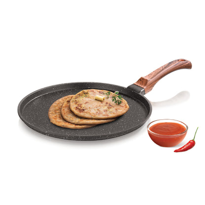 Echt Die Cast Aluminium Non Stick Dosa Tawa,Size 28 cm, Flat Roti and Chapati tawa, Granite Finish,Wooden Finish, Soft Touch Handle, PFOA Free, Idle for Indian Style Cooking,(Grey)