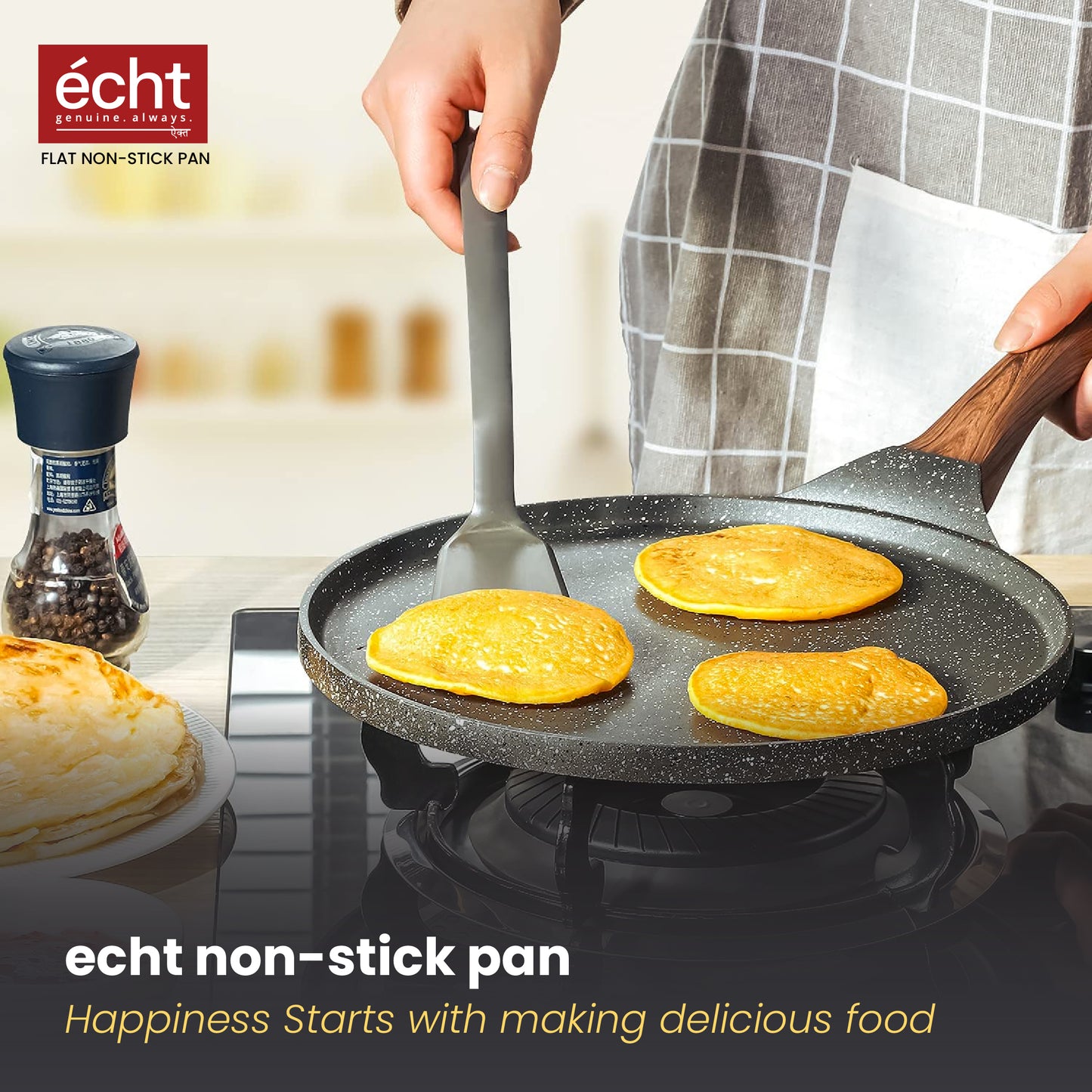 Echt Die Cast Aluminium Non Stick Dosa Tawa,Size 28 cm, Flat Roti and Chapati tawa, Granite Finish,Wooden Finish, Soft Touch Handle, PFOA Free, Idle for Indian Style Cooking,(Grey)