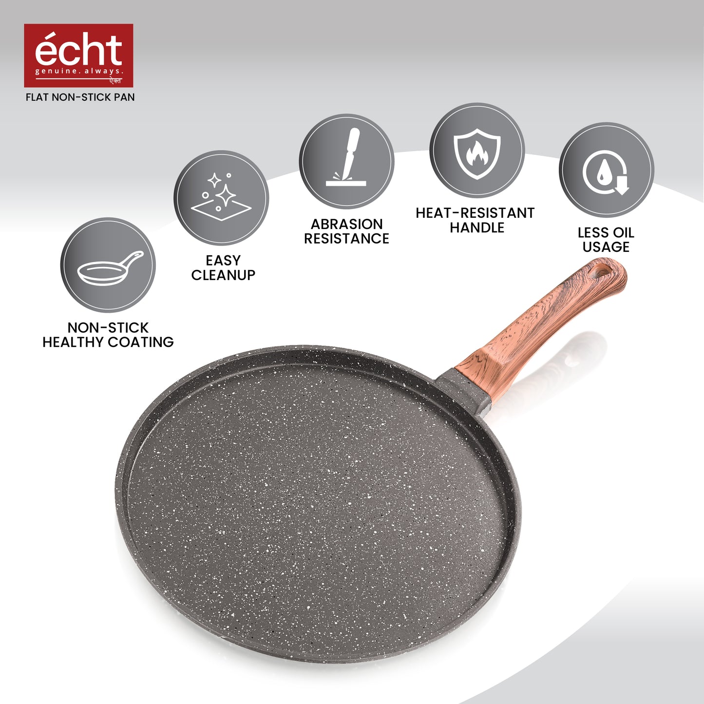 Echt Die Cast Aluminium Non Stick Dosa Tawa,Size 28 cm, Flat Roti and Chapati tawa, Granite Finish,Wooden Finish, Soft Touch Handle, PFOA Free, Idle for Indian Style Cooking,(Grey)