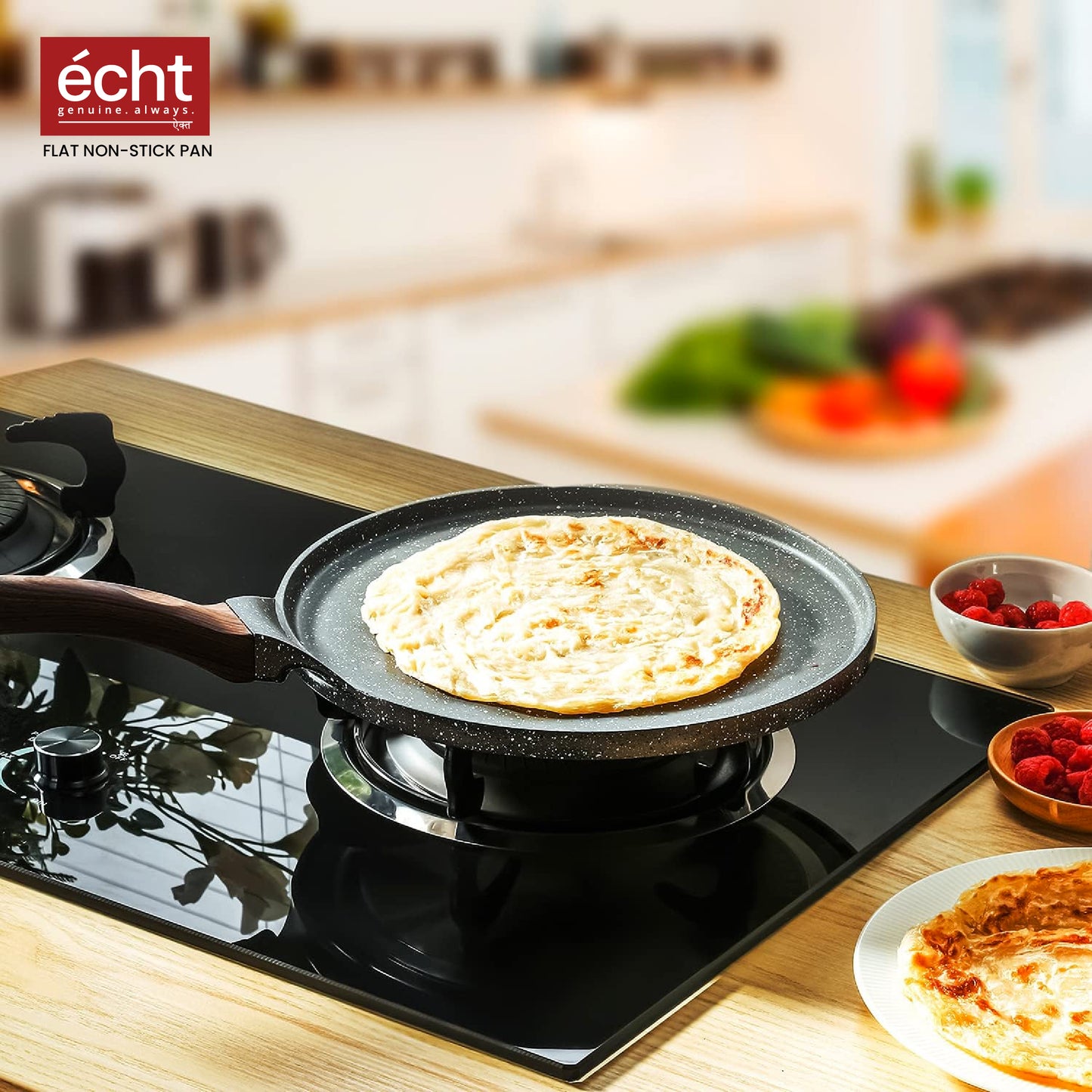 Echt Die Cast Aluminium Non Stick Dosa Tawa,Size 28 cm, Flat Roti and Chapati tawa, Granite Finish,Wooden Finish, Soft Touch Handle, PFOA Free, Idle for Indian Style Cooking,(Grey)