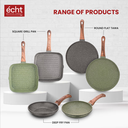 Echt Die Cast Aluminium Non Stick Dosa Tawa,Size 28 cm, Flat Roti and Chapati tawa, Granite Finish,Wooden Finish, Soft Touch Handle, PFOA Free, Idle for Indian Style Cooking,(Grey)