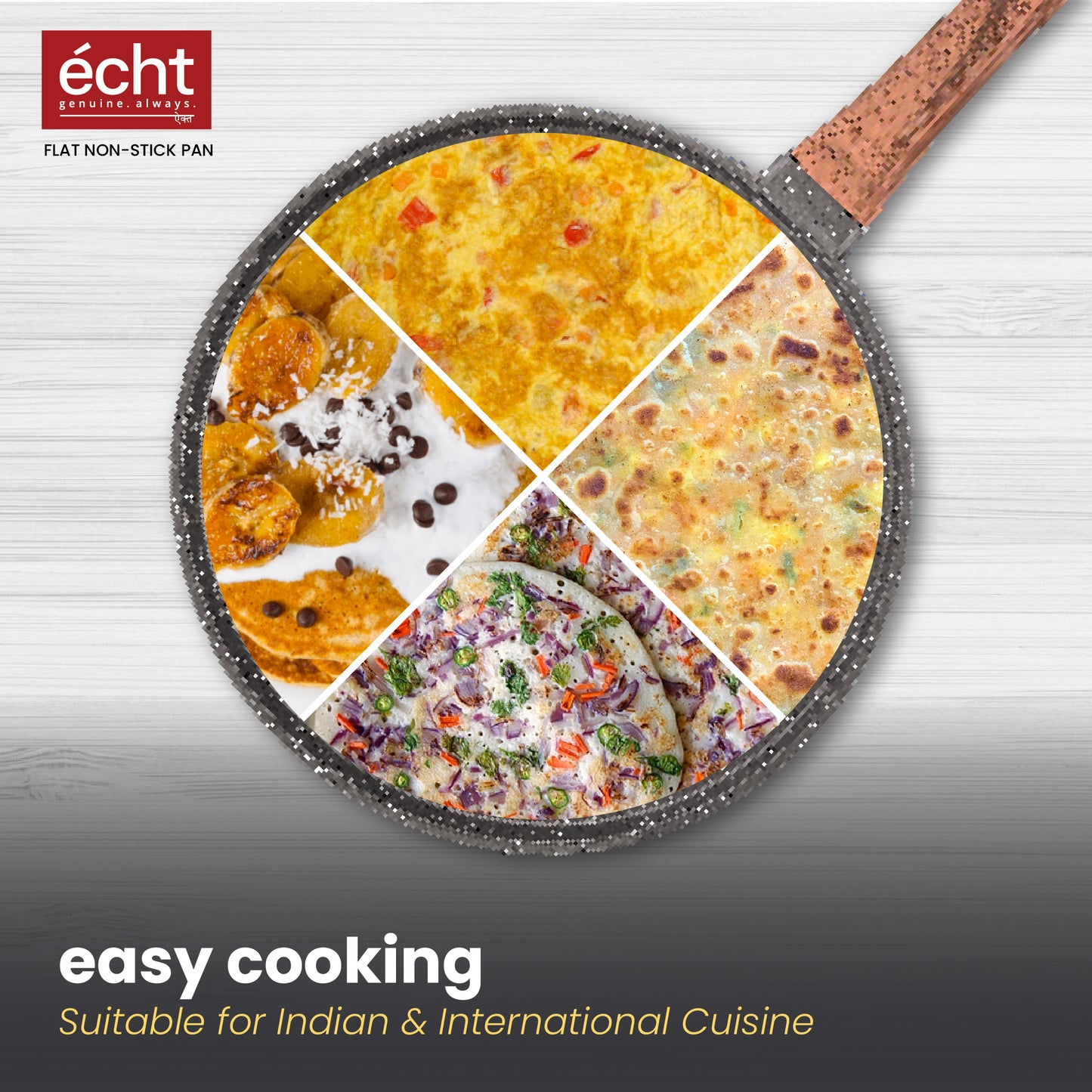 Echt Die Cast Aluminium Non Stick Dosa Tawa,Size 28 cm, Flat Roti and Chapati tawa, Granite Finish,Wooden Finish, Soft Touch Handle, PFOA Free, Idle for Indian Style Cooking,(Grey)