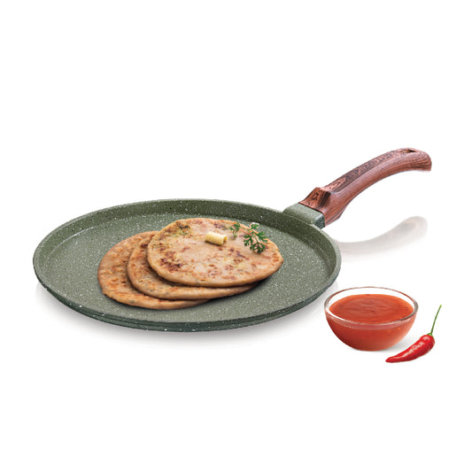 Echt Die Cast Aluminium Non Stick Dosa Tawa,Size 28 cm,Flat Roti and Chapati tawa, Granite Finish,Wooden Finish, Soft Touch Handle, PFOA Free, Idle for Indian Style Cooking,(Green)