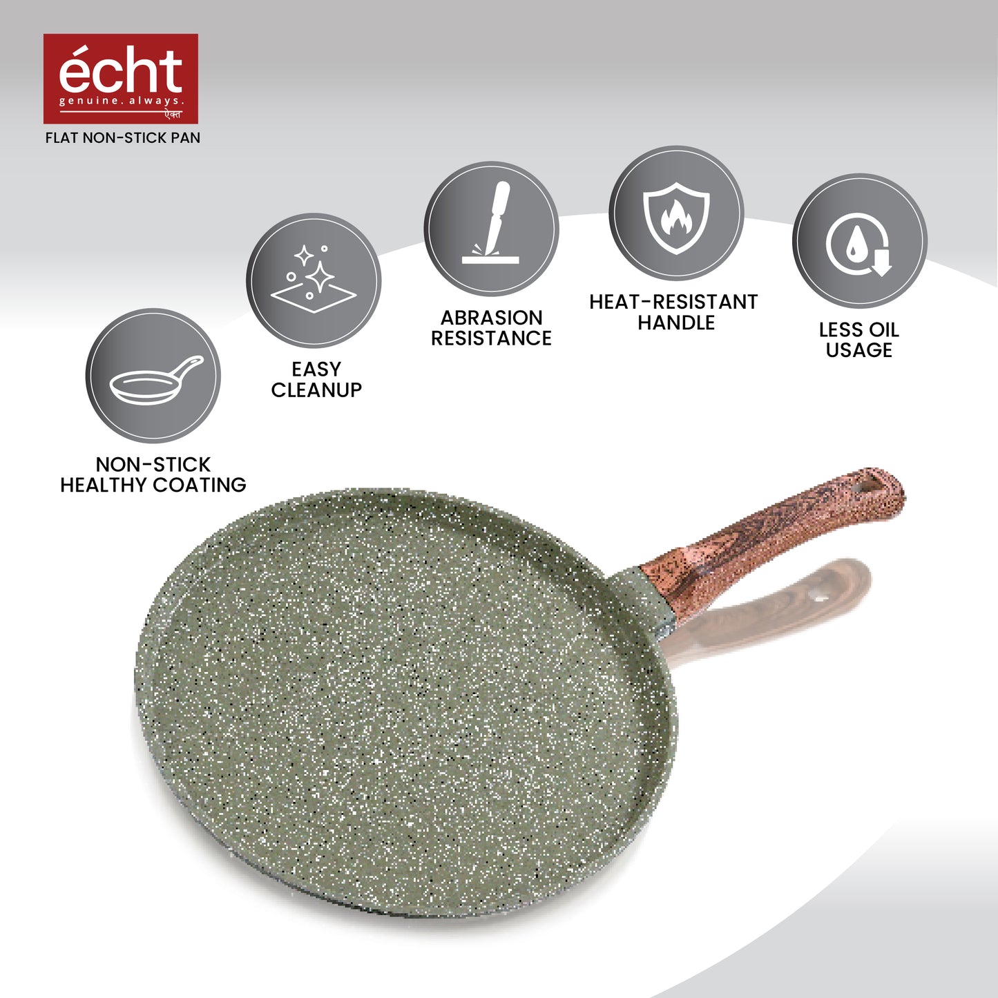 Echt Die Cast Aluminium Non Stick Dosa Tawa,Size 28 cm,Flat Roti and Chapati tawa, Granite Finish,Wooden Finish, Soft Touch Handle, PFOA Free, Idle for Indian Style Cooking,(Green)