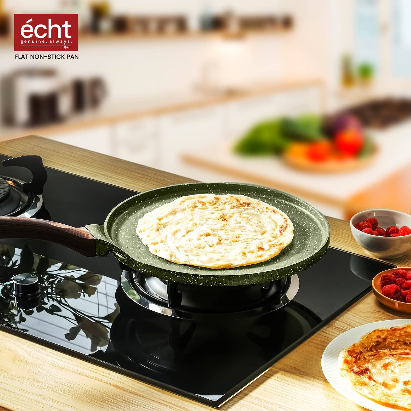 Echt Die Cast Aluminium Non Stick Dosa Tawa,Size 28 cm,Flat Roti and Chapati tawa, Granite Finish,Wooden Finish, Soft Touch Handle, PFOA Free, Idle for Indian Style Cooking,(Green)