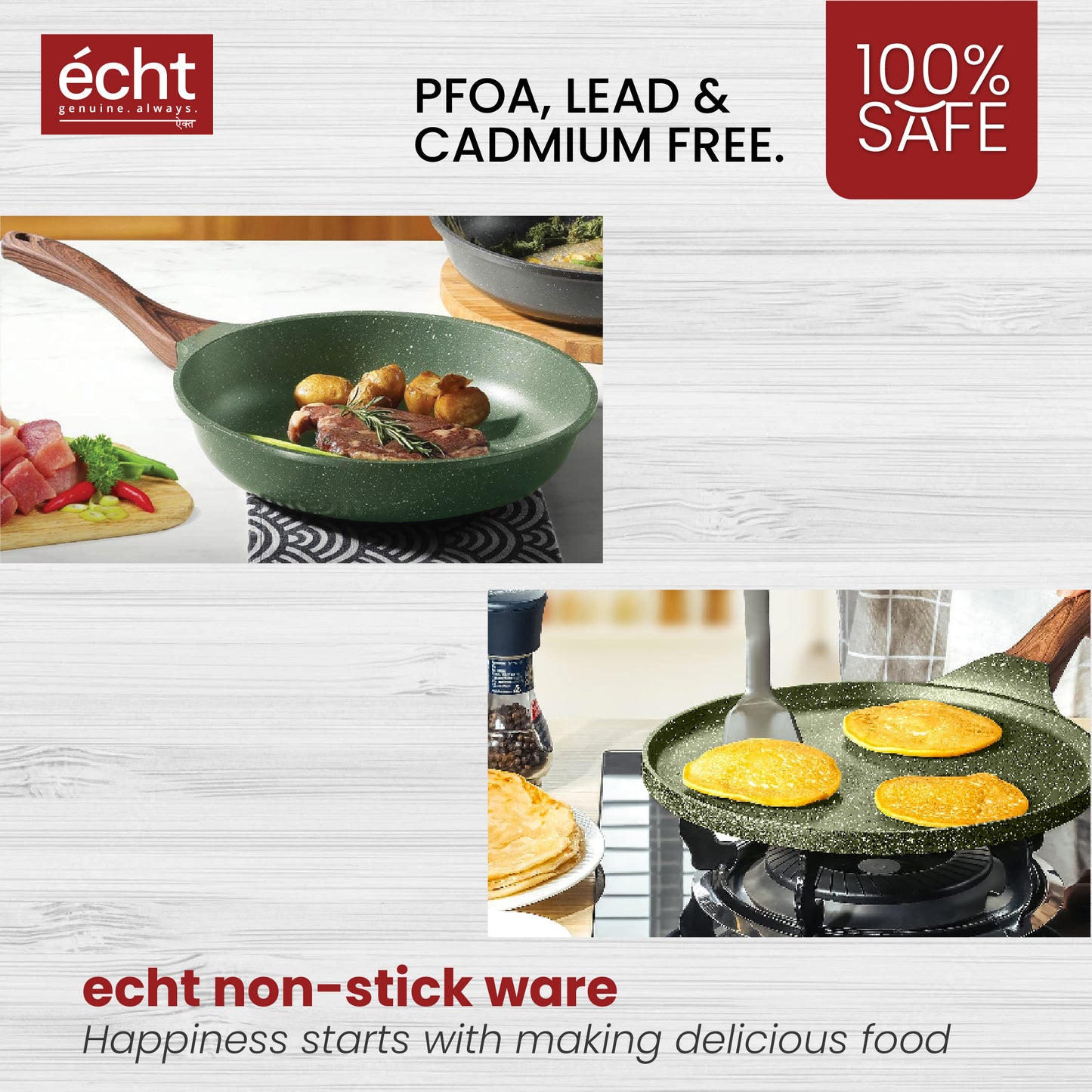 ECHT Die Cast Aluminium Non Stick Combo Set of 2 (20 cm Frying Pan and 28cm Dosa Tawa), Granite Finish, Soft Touch Handle, Idle for sauté,Frying,dosa and rotis vegies and Omelettes,Green