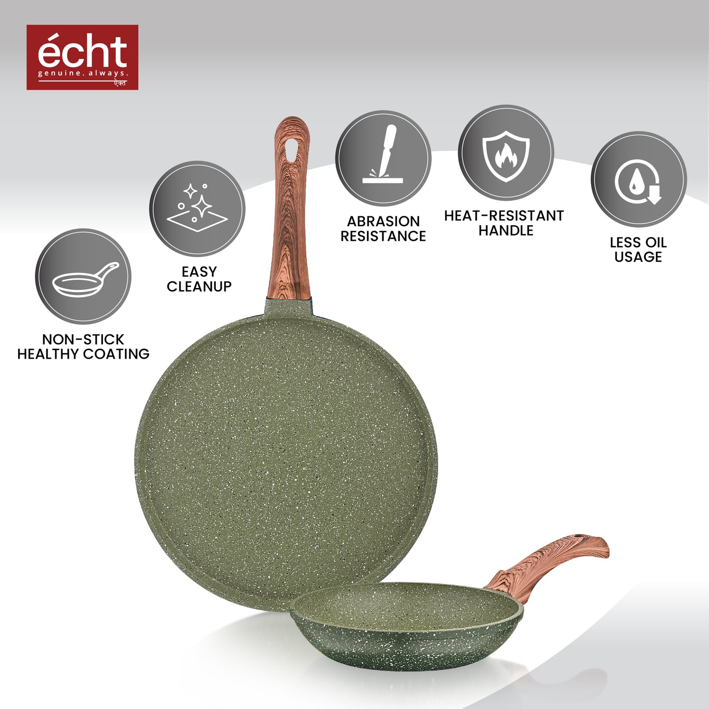 ECHT Die Cast Aluminium Non Stick Combo Set of 2 (20 cm Frying Pan and 28cm Dosa Tawa), Granite Finish, Soft Touch Handle, Idle for sauté,Frying,dosa and rotis vegies and Omelettes,Green