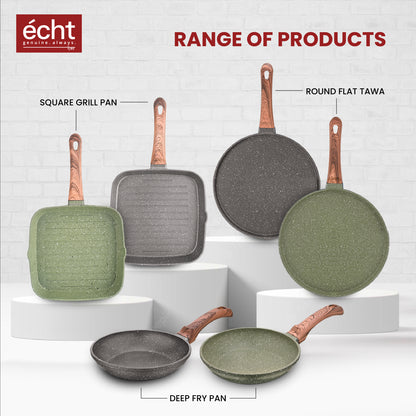 ECHT Die Cast Aluminium Non Stick Combo Set of 2 (20 cm Frying Pan and 28cm Dosa Tawa), Granite Finish, Soft Touch Handle, Idle for sauté,Frying,dosa and rotis vegies and Omelettes,Green