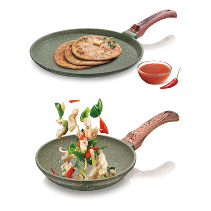 ECHT Die Cast Aluminium Non Stick Combo Set of 2 (20 cm Frying Pan and 28cm Dosa Tawa), Granite Finish, Soft Touch Handle, Idle for sauté,Frying,dosa and rotis vegies and Omelettes,Green