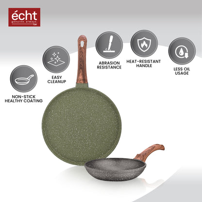 Echt Die cast Aluminium Non Stick Combo Set of 2 (24 cm Frying Pan and 28cm Dosa Tawa), Granite Finish, Soft Touch Handle, idle for sauté,Frying,dosa and rotis vegies and Omelettes, Green & Grey