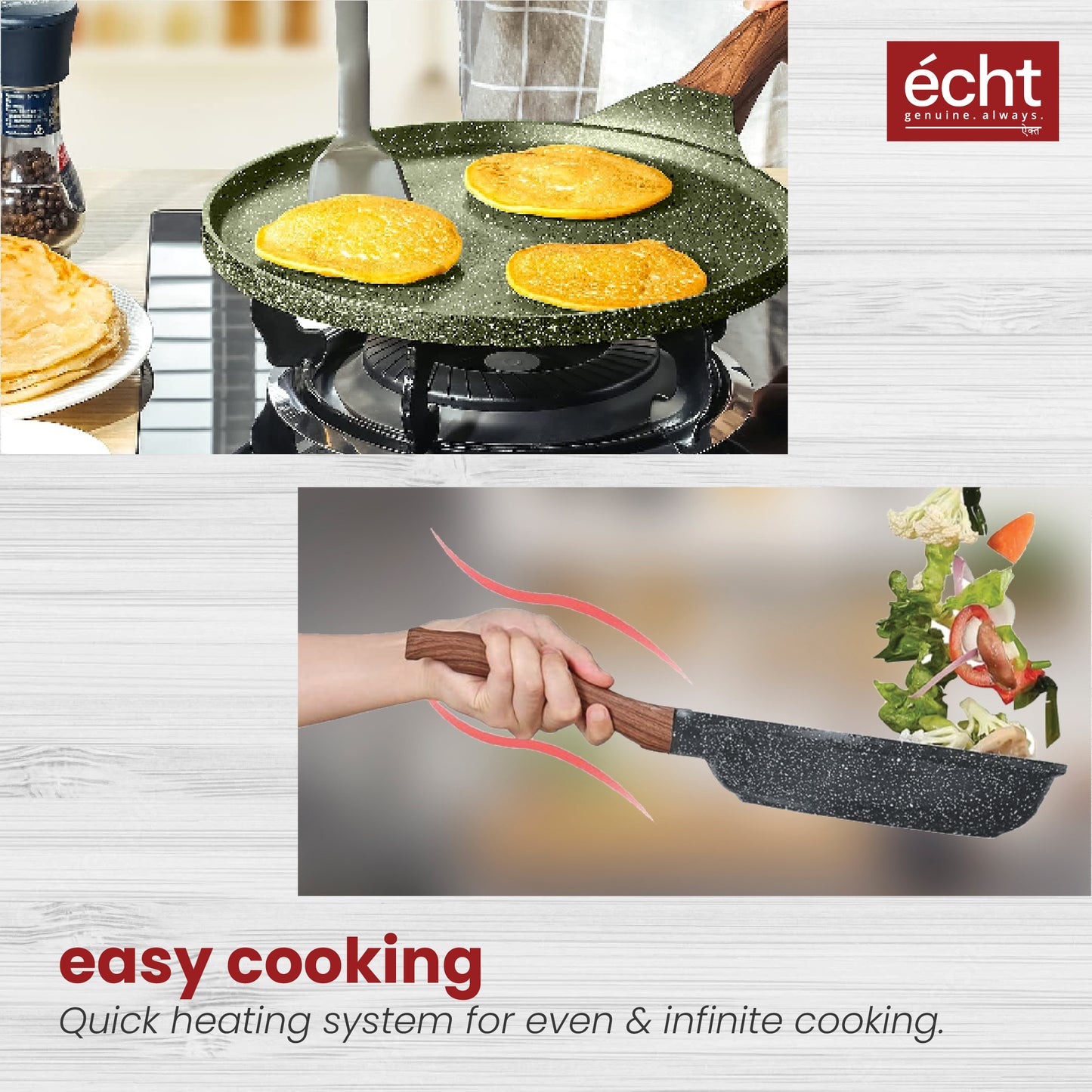 Echt Die cast Aluminium Non Stick Combo Set of 2 (24 cm Frying Pan and 28cm Dosa Tawa), Granite Finish, Soft Touch Handle, idle for sauté,Frying,dosa and rotis vegies and Omelettes, Green & Grey