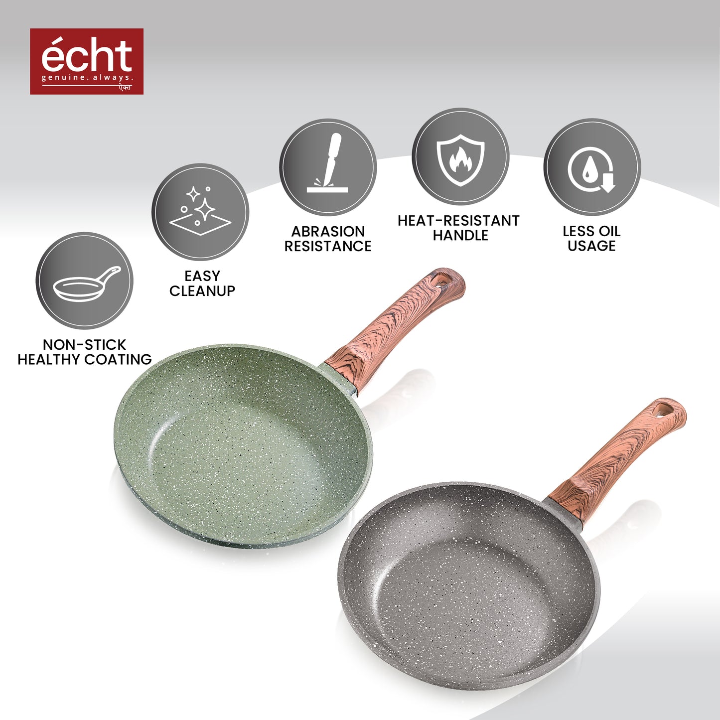 Echt Die Cast Aluminium Non Stick Combo Set of 2 (24 cm Frying Pan and 20 cm Frying Pan), Granite Finish, Wooden Finish Soft Touch Handle, idle to Saute vegies and Fry Omelettes, Green & Grey