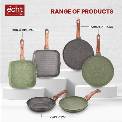 Echt Die Cast Aluminium Non Stick Combo Set of 2 (24 cm Frying Pan and 20 cm Frying Pan), Granite Finish, Wooden Finish Soft Touch Handle, idle to Saute vegies and Fry Omelettes, Green & Grey