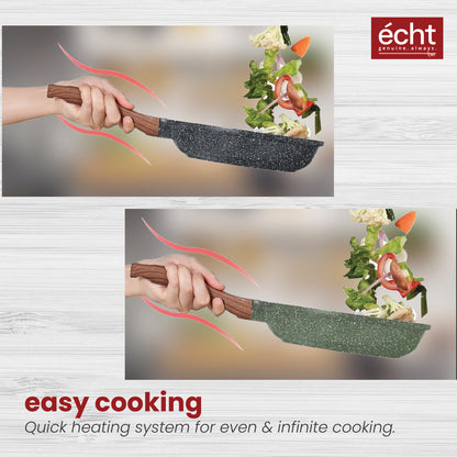 Echt Die Cast Aluminium Non Stick Combo Set of 2 (24 cm Frying Pan and 20 cm Frying Pan), Granite Finish, Wooden Finish Soft Touch Handle, idle to Saute vegies and Fry Omelettes, Green & Grey