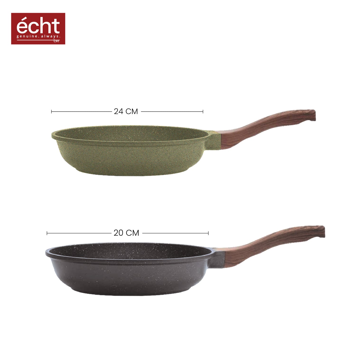 Echt Die Cast Aluminium Non Stick Combo Set of 2 (24 cm Frying Pan and 20 cm Frying Pan), Granite Finish, Wooden Finish Soft Touch Handle, idle to Saute vegies and Fry Omelettes, Green & Grey