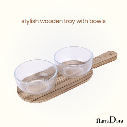 Narradora Slime Glass Bowl Snack Set 300ML Set of 2PCS with Wooden Tray | Perfect for Gifting