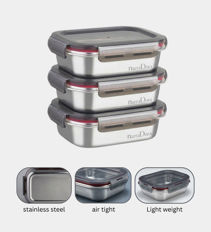Narradora Fridge to Oven Microwave Stainless Steel Reusable Food Storage Containers 1300 ML + 550 ML (Set of 2)