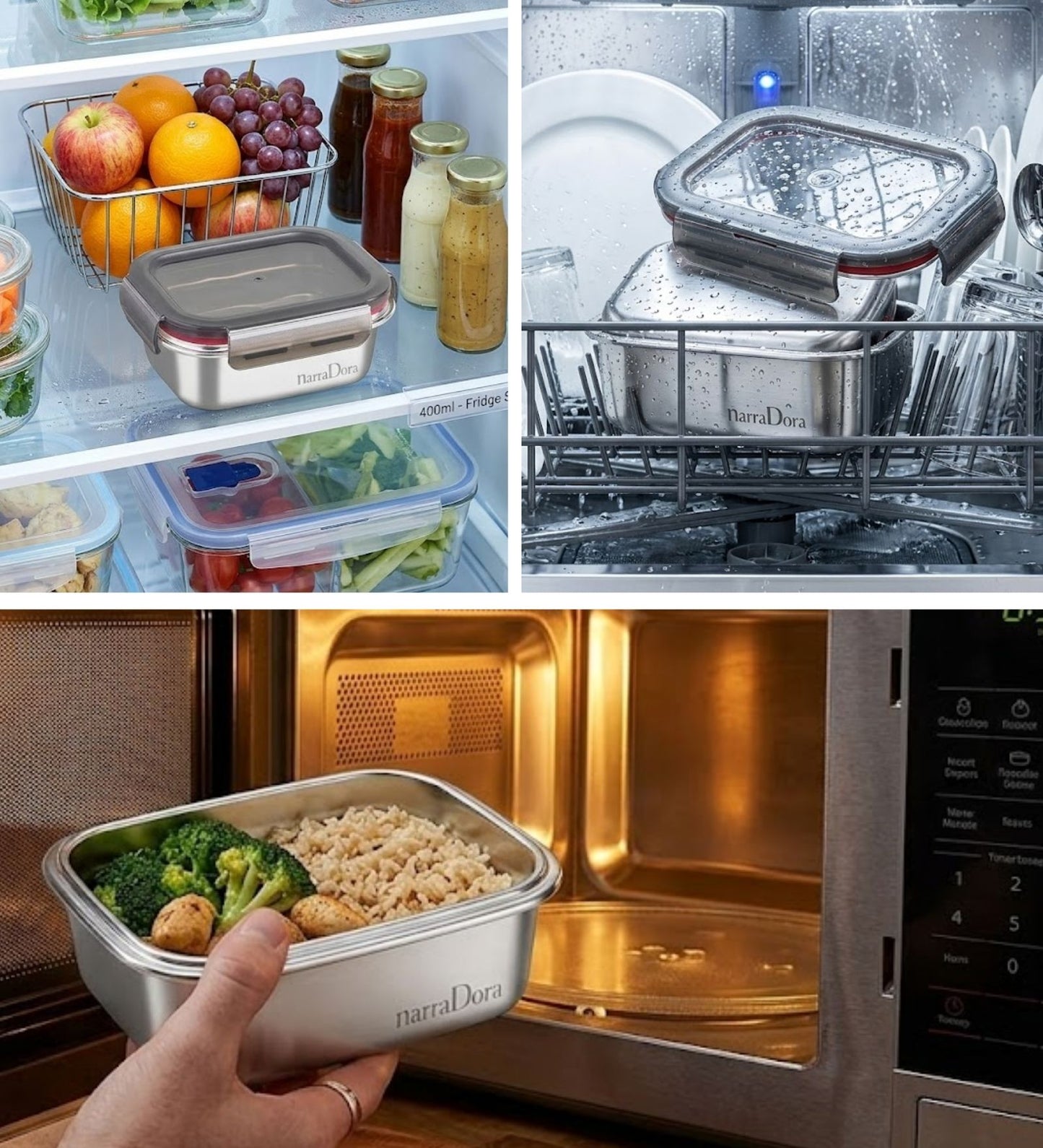 Narradora Fridge to Oven Microwave Stainless Steel Reusable Food Storage Containers 650 ML - Pack of 2