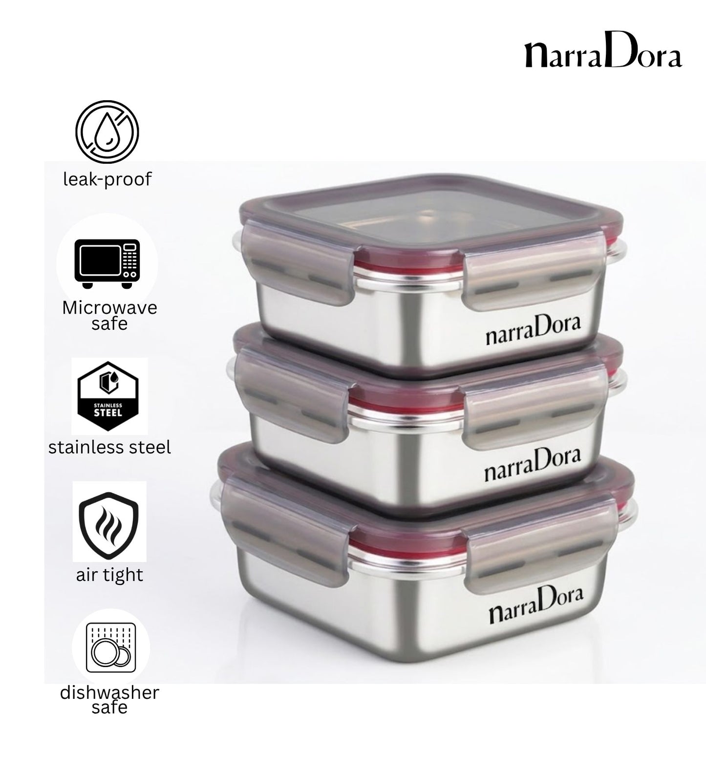 Narradora Fridge to Oven Microwave Stainless Steel Reusable Food Storage Containers 450ml + 1500 ML (Set of 2)