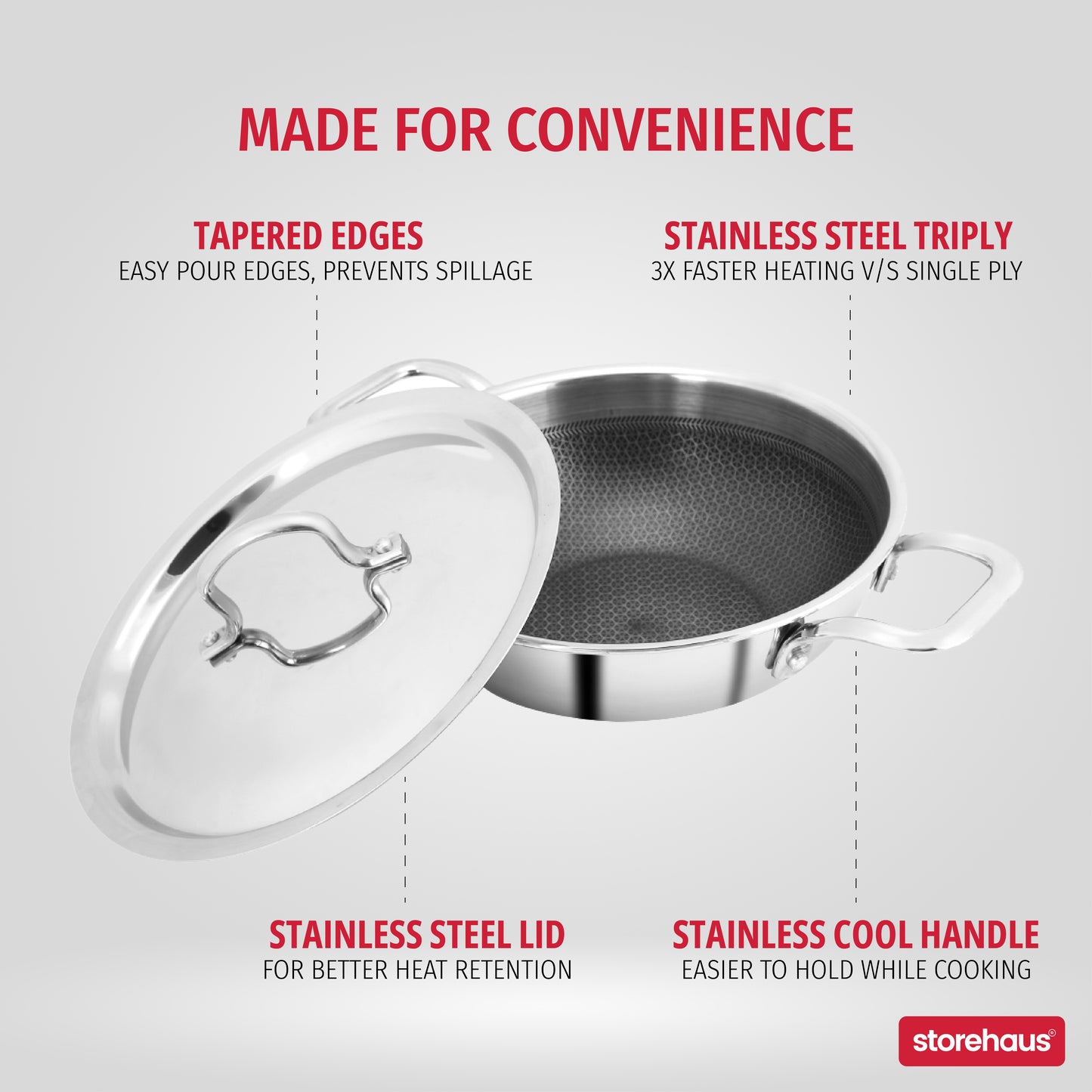 Storehaus Triply Stainless Steel Non Stick Kadai Honeycomb Surface with Lid - 2 Liters