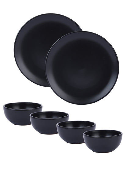 Narradora Sango Coupe Stoneware Dinner Set of 6 Pcs | 2 Pcs Dinner Plates, 4 Pcs Veg Bowls | Premium Crockery Perfect for Gifiting | Stoneware |  Dinner Set | Matt Finish | Black