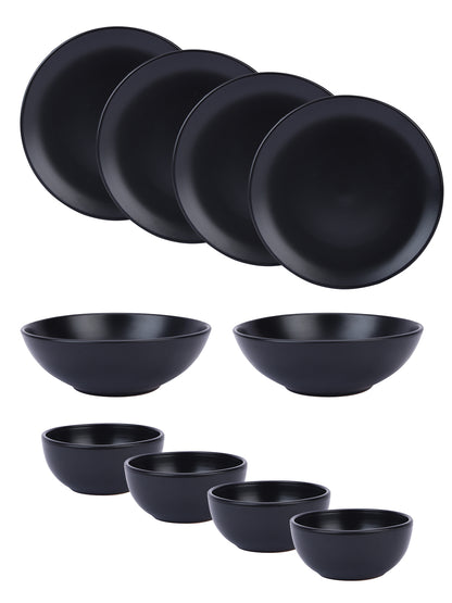 Narradora Sango Coupe Stoneware Dinner Set of 10 Pcs | 4 Pcs Dinner Plates, 2 Pcs Serving Bowl, 4 Pcs Veg Bowls | Premium Crockery Perfect for Gifting | Stoneware |  Dinner Set | Matt Finish | Black