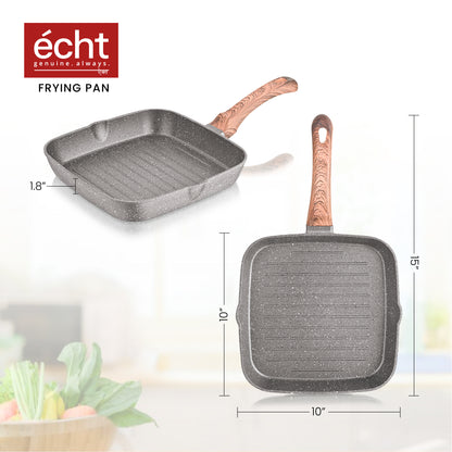 ECHT Die Cast Aluminium Non Stick Combo Set of 3 (24cm Square Grill Pan,24 cm Frying Pan and 28cm Dosa Tawa),Soft Touch Handle, idle for sauté,Frying,dosa and rotis vegies and Omelettes, Grey