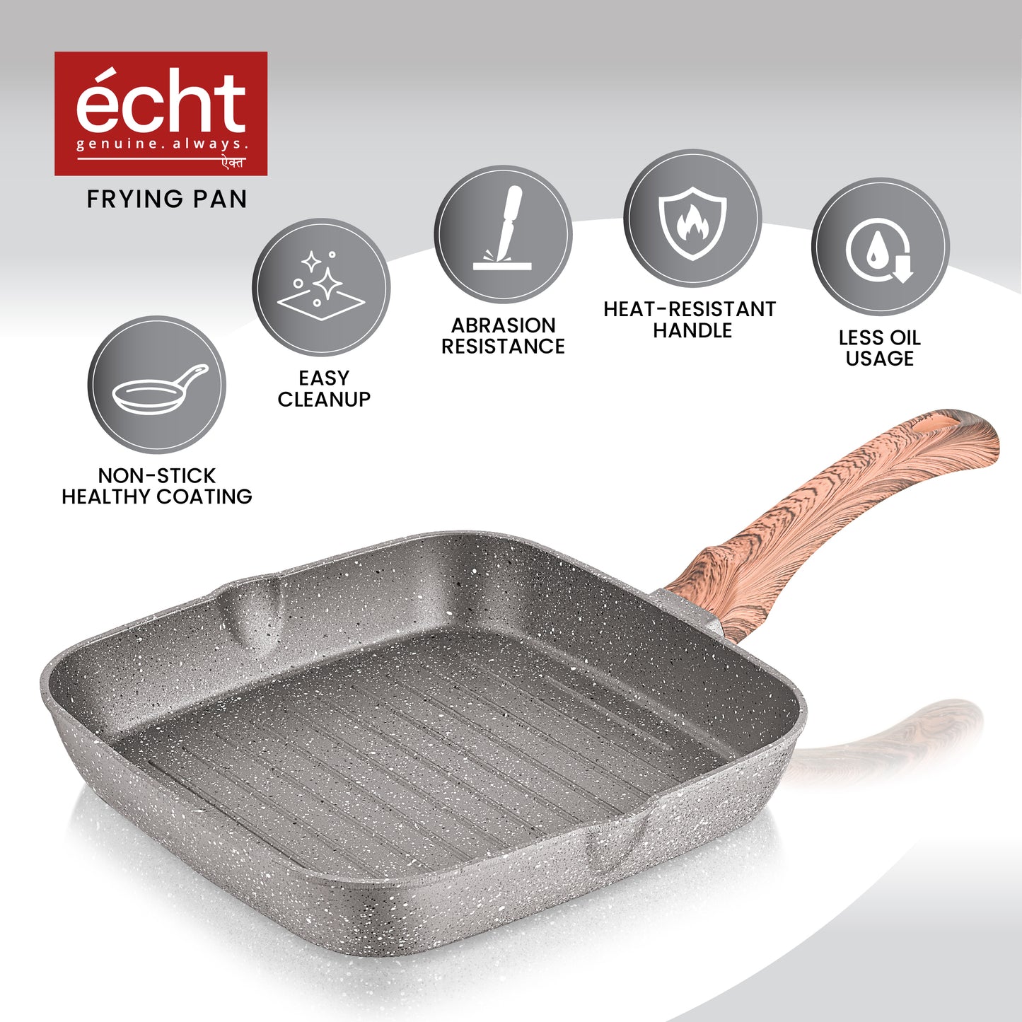 ECHT Die Cast Aluminium Non Stick Combo Set of 3 (24cm Square Grill Pan,24 cm Frying Pan and 28cm Dosa Tawa),Soft Touch Handle, idle for sauté,Frying,dosa and rotis vegies and Omelettes, Grey