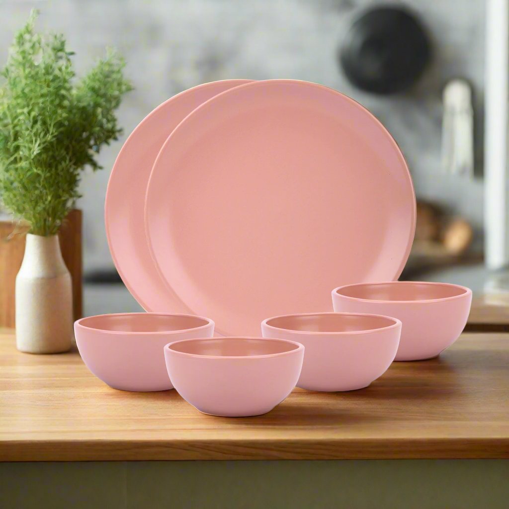 Narradora Sango Coupe Stoneware Dinner Set of 6 Pcs | 2 Pcs Dinner Plates, 2 Pcs Serving Bowls & 2 Pcs Veg Bowls | Premium Crockery Perfect for Gifiting | Dinner Set | Matt Finish | Pink