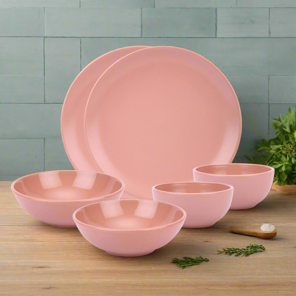 Narradora Sango Coupe Stoneware Dinner Set of 6 Pcs | 2 Pcs Dinner Plates, 2 Pcs Serving Bowls & 2 Pcs Veg Bowls | Premium Crockery Perfect for Gifiting | Dinner Set | Matt Finish | Pink