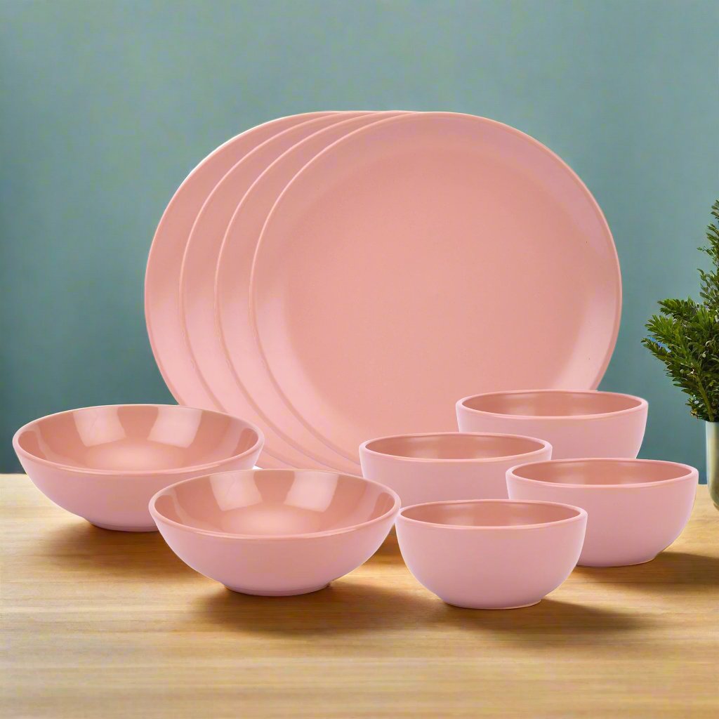 Narradora Sango Coupe Stoneware Dinner Set of 6 Pcs | 2 Pcs Dinner Plates, 2 Pcs Serving Bowls & 2 Pcs Veg Bowls | Premium Crockery Perfect for Gifiting | Dinner Set | Matt Finish | Pink