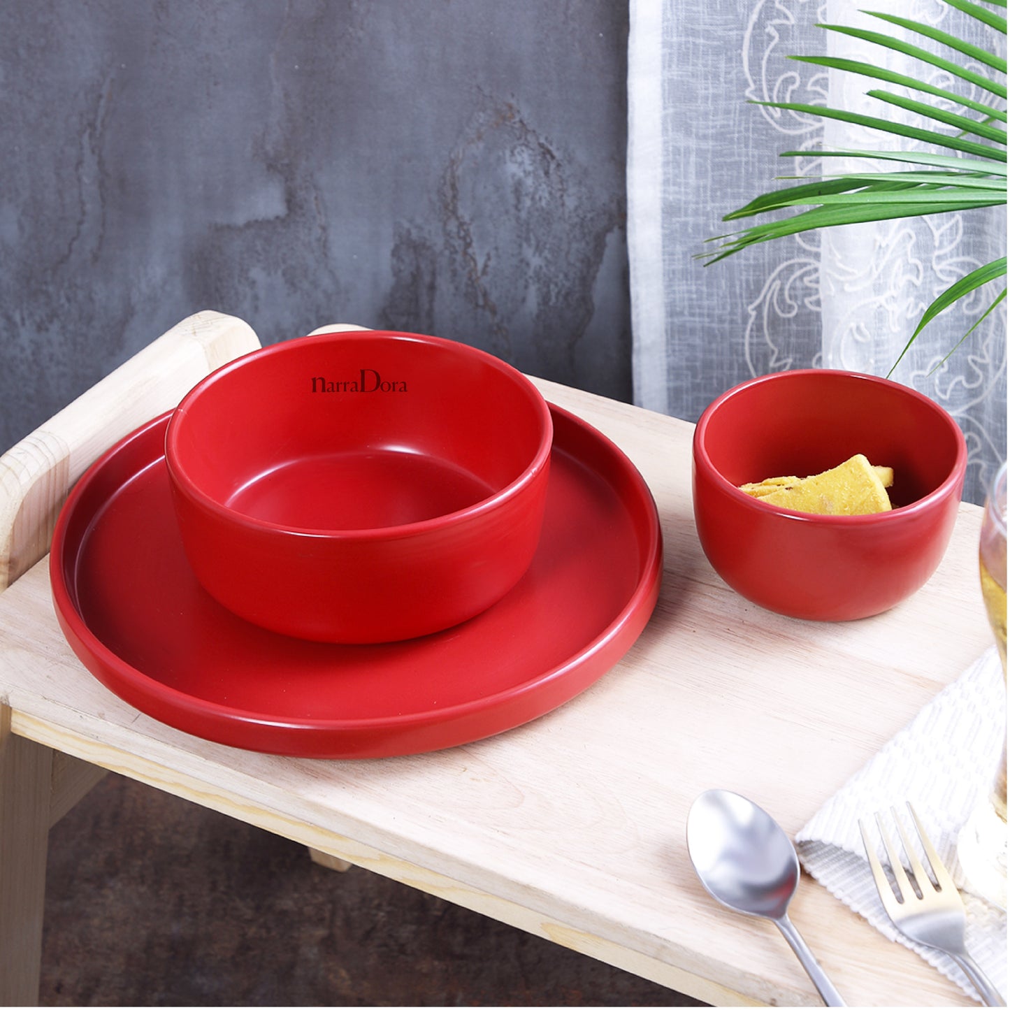 Narradora Zoro Stoneware Dinner Set of 6 Pcs | 2 Pcs Dinner Plates, 2 Pcs Serving Bowls & 2 Pcs Veg Bowls | Premium Crockery Perfect for Gifiting | Stoneware |  Dinner Set | Matt Finish | Red