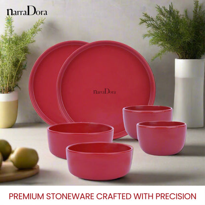 Narradora Zoro Stoneware Dinner Set of 6 Pcs | 2 Pcs Dinner Plates, 2 Pcs Serving Bowls & 2 Pcs Veg Bowls | Premium Crockery Perfect for Gifiting | Stoneware |  Dinner Set | Matt Finish | Red