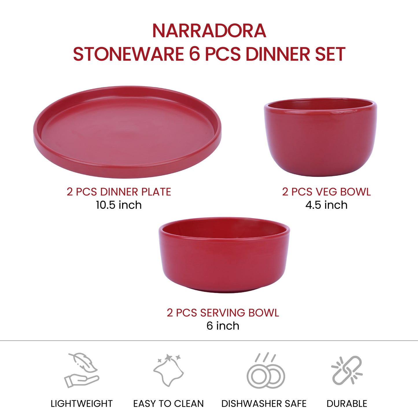 Narradora Zoro Stoneware Dinner Set of 6 Pcs | 2 Pcs Dinner Plates, 2 Pcs Serving Bowls & 2 Pcs Veg Bowls | Premium Crockery Perfect for Gifiting | Stoneware |  Dinner Set | Matt Finish | Red