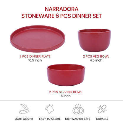 Narradora Zoro Stoneware Dinner Set of 6 Pcs | 2 Pcs Dinner Plates, 2 Pcs Serving Bowls & 2 Pcs Veg Bowls | Premium Crockery Perfect for Gifiting | Stoneware |  Dinner Set | Matt Finish | Red