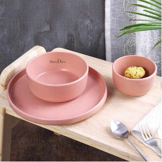 Narradora Zoro Stoneware Dinner Set of 6 Pcs | 2 Pcs Dinner Plates, 2 Pcs Serving Bowls & 2 Pcs Veg Bowls | Premium Crockery Perfect for Gifiting | Stoneware |  Dinner Set | Matt Finish | Pink