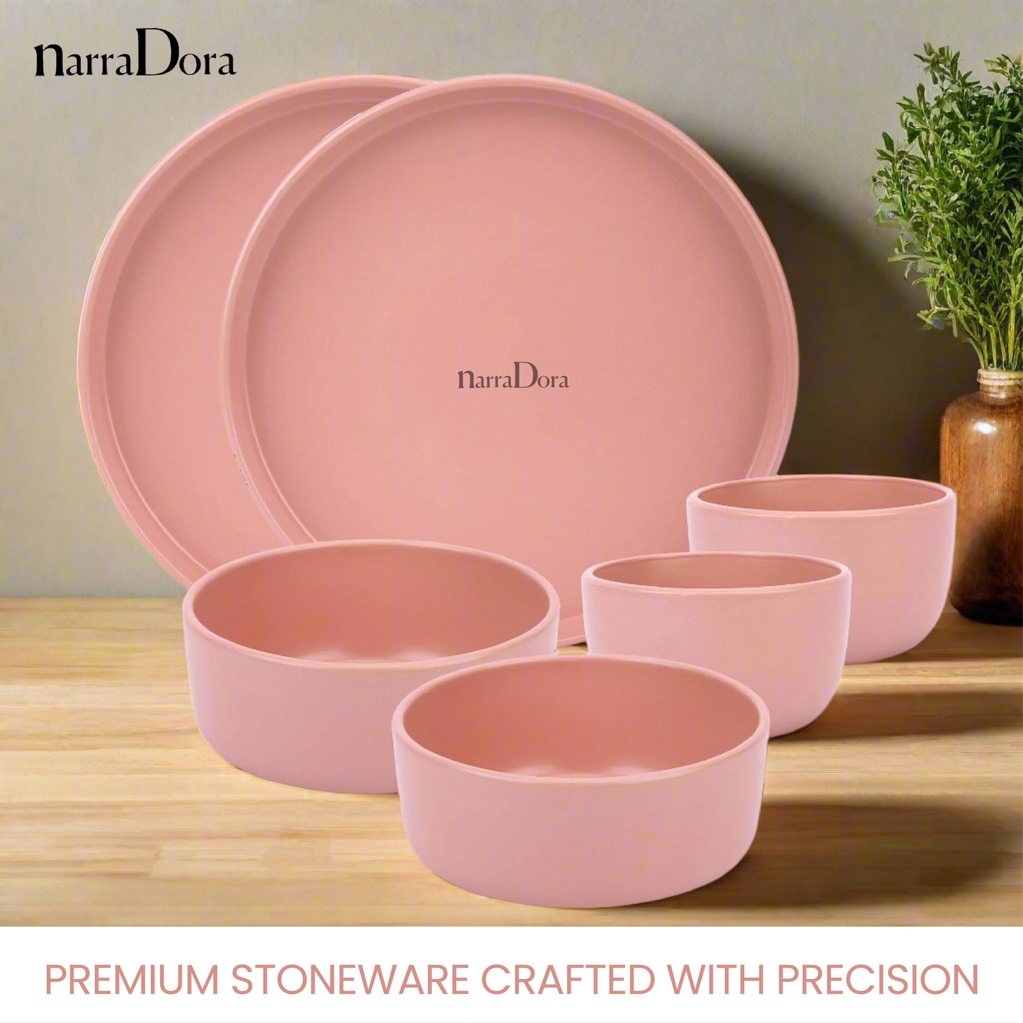 Narradora Zoro Stoneware Dinner Set of 6 Pcs | 2 Pcs Dinner Plates, 2 Pcs Serving Bowls & 2 Pcs Veg Bowls | Premium Crockery Perfect for Gifiting | Stoneware |  Dinner Set | Matt Finish | Pink