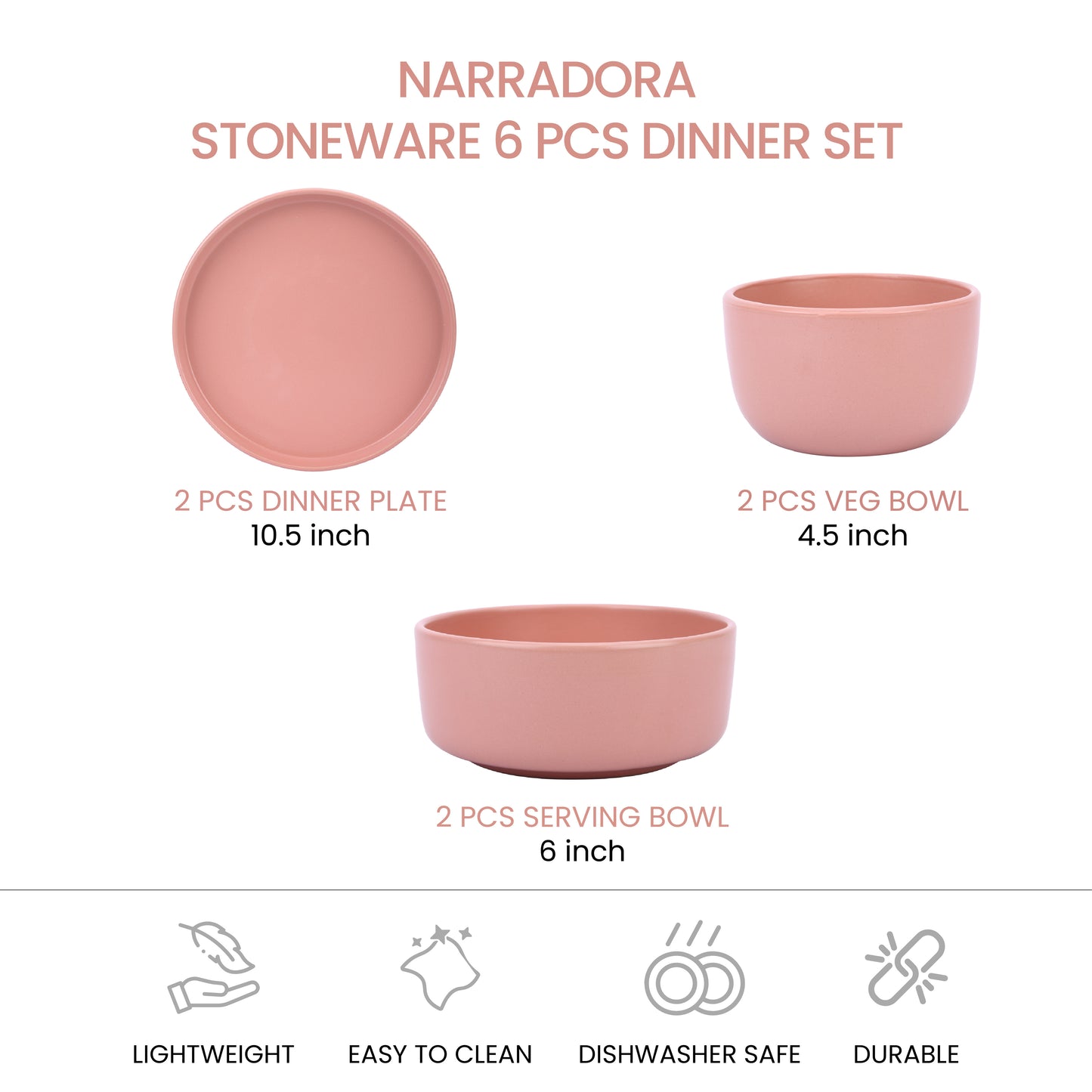 Narradora Zoro Stoneware Dinner Set of 6 Pcs | 2 Pcs Dinner Plates, 2 Pcs Serving Bowls & 2 Pcs Veg Bowls | Premium Crockery Perfect for Gifiting | Stoneware |  Dinner Set | Matt Finish | Pink