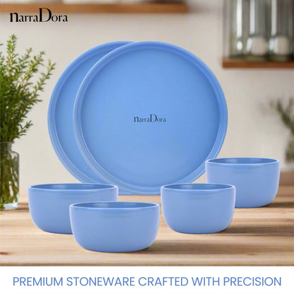 Narradora Zoro Stoneware Dinner Set of 6 Pcs | 2 Pcs Dinner Plates, 2 Pcs Serving Bowls & 2 Pcs Veg Bowls | Premium Crockery Perfect for Gifiting | Stoneware |  Dinner Set | Matt Finish | Blue