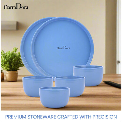 Narradora Zoro Stoneware Dinner Set of 6 Pcs | 2 Pcs Dinner Plates, 4 Pcs Veg Bowls | Premium Crockery Perfect for Gifiting | Stoneware |  Dinner Set | Matt Finish | Blue