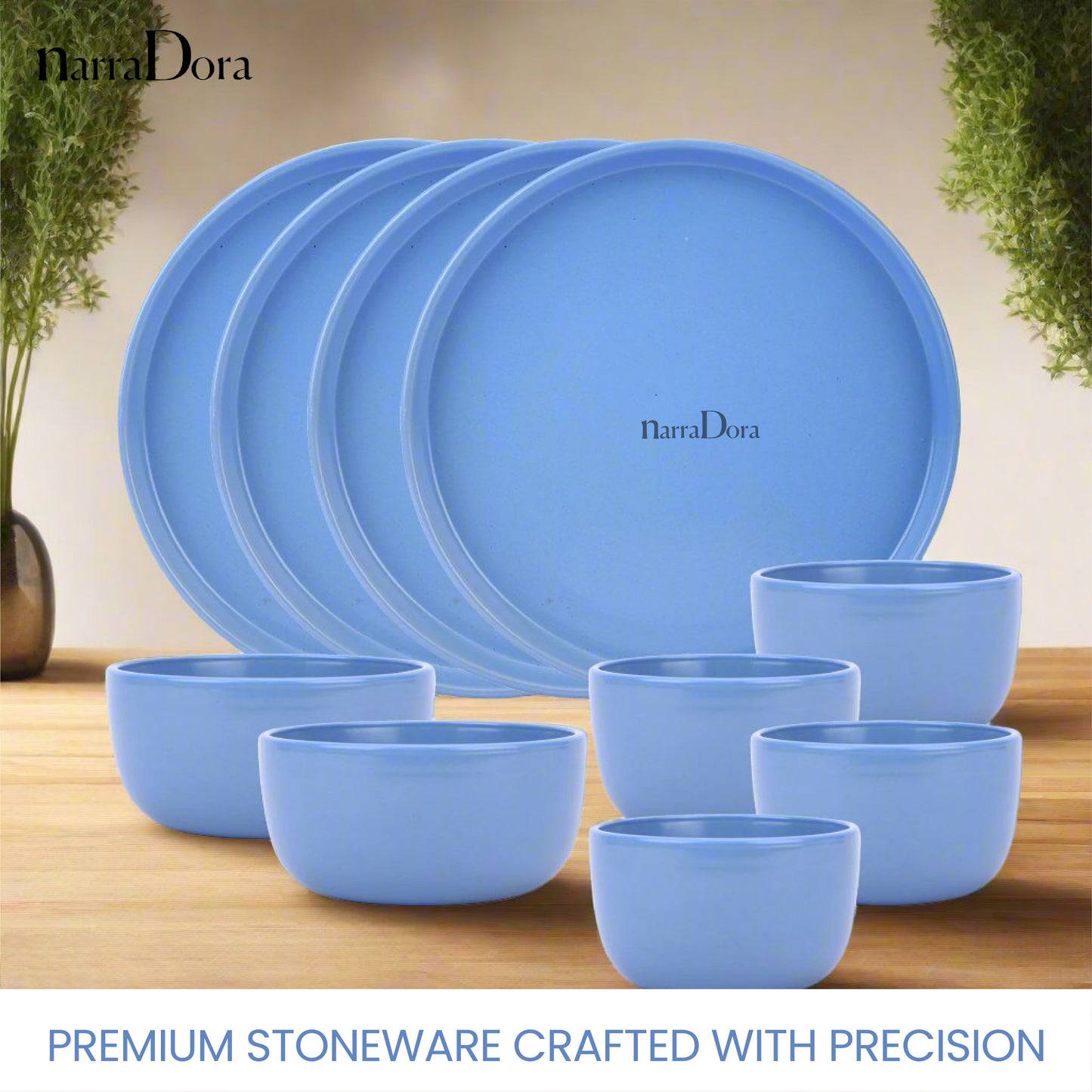 Narradora Zoro Stoneware Dinner Set of 10 Pcs | 4 Pcs Dinner Plates, 2 Pcs Serving Bowl, 4 Pcs Veg Bowls | Premium Crockery Perfect for Gifiting | Stoneware |  Dinner Set | Matt Finish | Blue