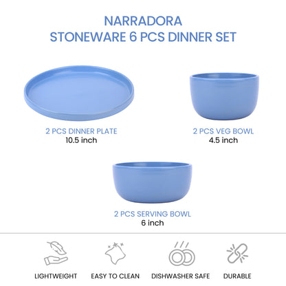 Narradora Zoro Stoneware Dinner Set of 6 Pcs | 2 Pcs Dinner Plates, 2 Pcs Serving Bowls & 2 Pcs Veg Bowls | Premium Crockery Perfect for Gifiting | Stoneware |  Dinner Set | Matt Finish | Blue