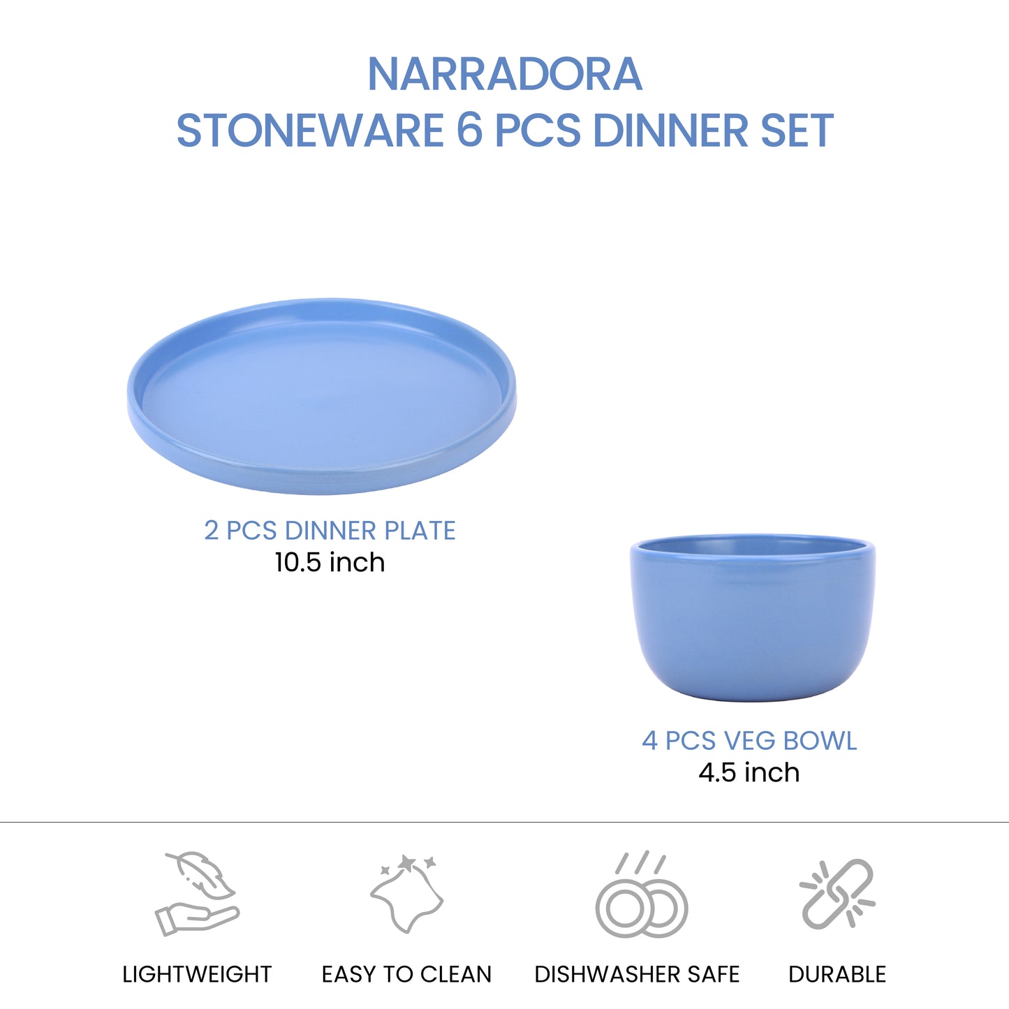 Narradora Zoro Stoneware Dinner Set of 6 Pcs | 2 Pcs Dinner Plates, 4 Pcs Veg Bowls | Premium Crockery Perfect for Gifiting | Stoneware |  Dinner Set | Matt Finish | Blue