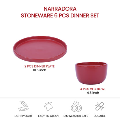 Narradora Zoro Stoneware Dinner Set of 6 Pcs | 2 Pcs Dinner Plates, 4 Pcs Veg Bowls | Premium Crockery Perfect for Gifiting | Stoneware |  Dinner Set | Matt Finish | Red