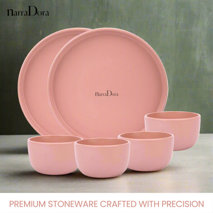 Narradora Zoro Stoneware Dinner Set of 6 Pcs | 2 Pcs Dinner Plates, 4 Pcs Veg Bowls | Premium Crockery Perfect for Gifiting | Stoneware |  Dinner Set | Matt Finish | Pink