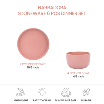 Narradora Zoro Stoneware Dinner Set of 6 Pcs | 2 Pcs Dinner Plates, 4 Pcs Veg Bowls | Premium Crockery Perfect for Gifiting | Stoneware |  Dinner Set | Matt Finish | Pink