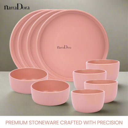 Narradora Zoro Stoneware Dinner Set of 10 Pcs | 4 Pcs Dinner Plates, 2 Pcs Serving Bowl, 4 Pcs Veg Bowls | Premium Crockery Perfect for Gifiting | Stoneware |  Dinner Set | Matt Finish | Pink