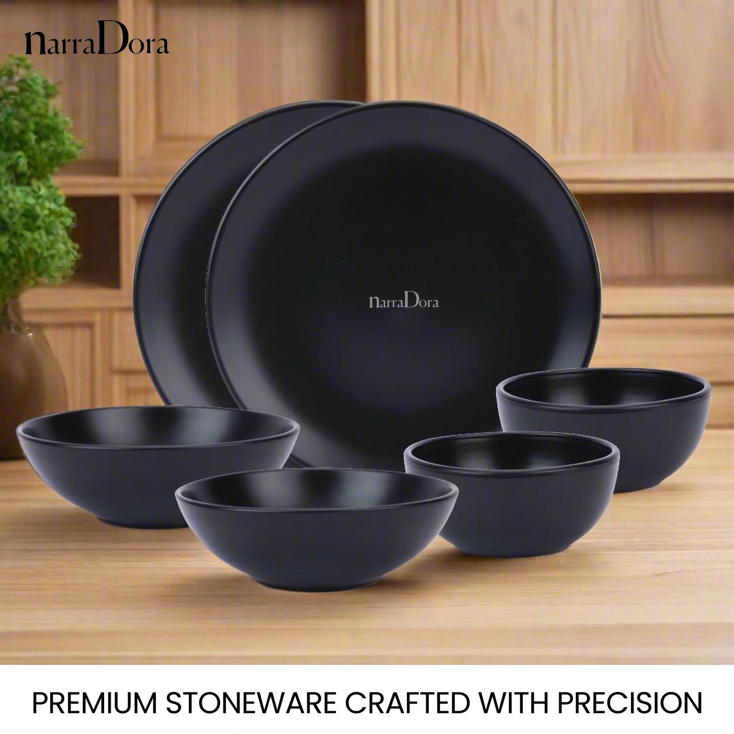 Narradora Sango Coupe Stoneware Dinner Set of 6 Pcs | 2 Pcs Dinner Plates, 2 Pcs Serving Bowls & 2 Pcs Veg Bowls | Premium Crockery Perfect for Gifting | Dinner Set | Matt Finish | Black