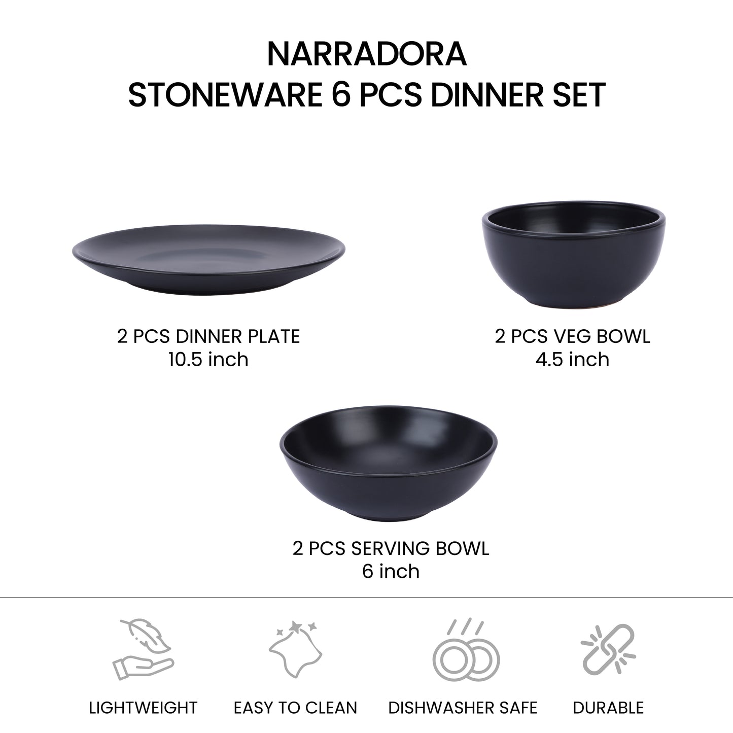 Narradora Sango Coupe Stoneware Dinner Set of 6 Pcs | 2 Pcs Dinner Plates, 2 Pcs Serving Bowls & 2 Pcs Veg Bowls | Premium Crockery Perfect for Gifting | Dinner Set | Matt Finish | Black