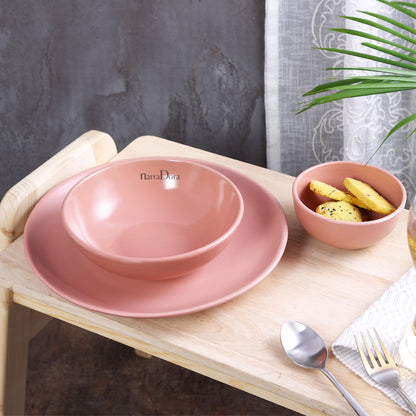 Narradora Sango Coupe Stoneware Dinner Set of 10 Pcs | 4 Pcs Dinner Plates, 2 Pcs Serving Bowl, 4 Pcs Veg Bowls | Premium Crockery Perfect for Gifiting | Stoneware |  Dinner Set | Matt Finish | Pink